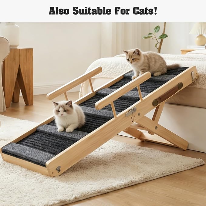 Upgraded Dog Ramp for Couch, Foldable Wooden Pet Ramp with 4 Adjustable Heights from 14'' to 22", Portable Pet Steps with Detachable Guardrails for Small Dogs, Puppies, Injured and Old Dogs