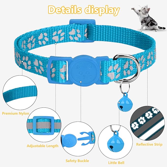 Taglory Reflective Cat Collar Breakaway with Bells, 2 Pack Girl Boy Pet Cat Collar Adjustable 7.5-12.5 Inch, Sky Blue