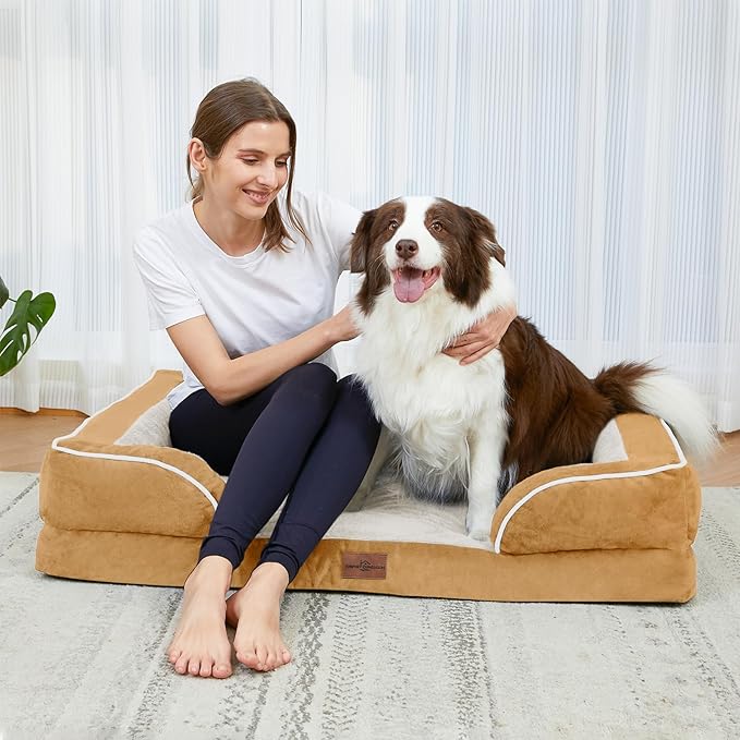 Comfort Expression Orthopedic Dog Bed for Medium Dogs 28x19 Inch, Waterproof Supportive Egg Crate Foam Medium Pet Bed with Removable Bolsters, Dog Couch with Washable Cover & Non-Slip Bottom, Caramel