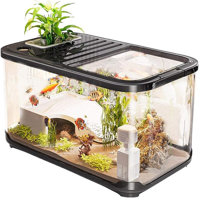 Aquarium Kits, Fish Aquarium Ventilation Holes -Aquariums Starter Kits Ventilated with Stairs Aquatic Life Turtle Shrimp Habitat for Plant Decor Gravel Sand Saltwater Landscaping