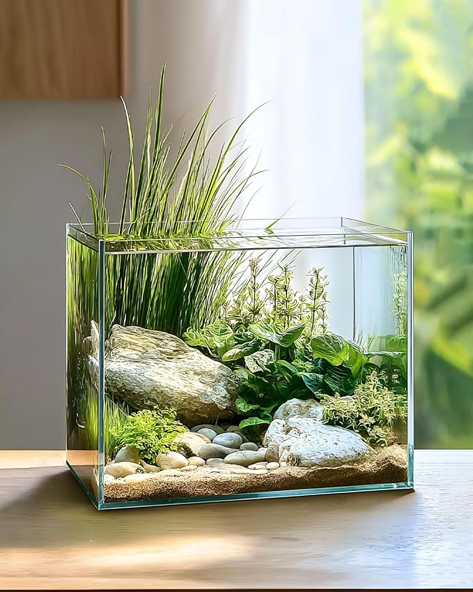 3.5 Gallon Clear Glass Fish Tank, Aquarium Fish Bowl Ultra Clear Rimless Design for Betta Goldfish Snails Shrimp Aquatic Planting