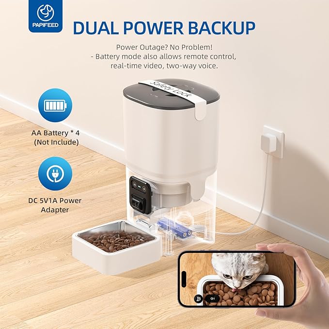 PAPIFEED Automatic Cat Feeder 6L 2.4G WiFi Smart Pet Feeder with Camera & Two-Way Audio, Adjustable Angle, Easy to Clean Detachable Feeding Schedule 1-10 Meals Per Day for Cats & Small Dogs - White