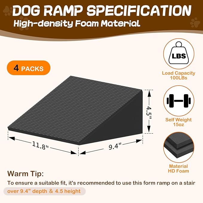 Dog Wedge Ramp for Stairs/Staircases, Portable & Lightweight Pet Ramp with Non-Slip Surface for Small Size Dogs Cats, Low Angled Dog Ramp for Elderly & Injured Pets (100LBS Capacity, 4Packs)