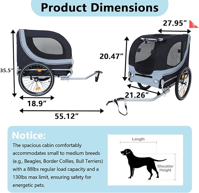 Large Dog Trailer for Bike, Folding Bike Trailer for Dogs with 18.9" Wheels, 120LB Capacity All-Terrain Pet Carrier, Universal Bicycle Coupler