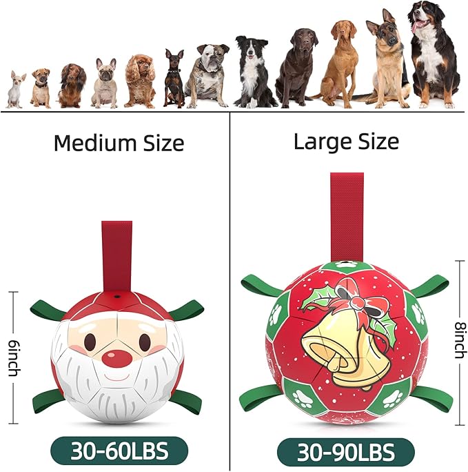 QDAN Christmas Dog Balls with Straps, Squeaky Dog Toys for Indoor Outdoor Playing, Puppy Birthday Gifts, Pet Toy Ball, Durable Herding Balls for Dogs (8 Inch)