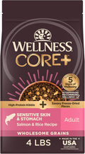 Wellness CORE+ Sensitive Skin and Stomach Adult Dry Dog Food with Freeze Dried Pieces, Wholesome Grain Kibble+, Natural, High Protein, Chicken Free, Salmon and Rice Recipe, 4 lb Bag
