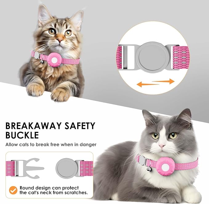 GPS Tracker for Cats, Compatible with Apple Find My App (Only iOS), No Monthly Fee Cat Tracker, Waterproof (White Tracker, Pink Cat Collar)