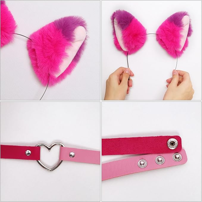 Fumwase Pink Purple Striped Cat Costume Set - Ears, Necklace, Furry Tail, Striped Gloves, Socks - Women's Cosplay Halloween