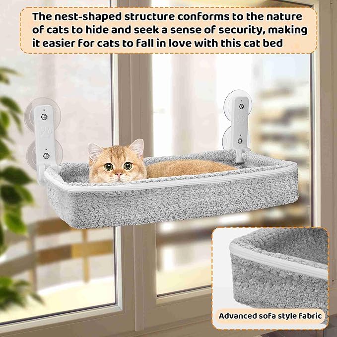 Cat Window Perch & Hammock - Exquisite Sofa Fabric, Safe & Comfortable Design with 4 Strong Suction Cups - Ideal for Large Cats