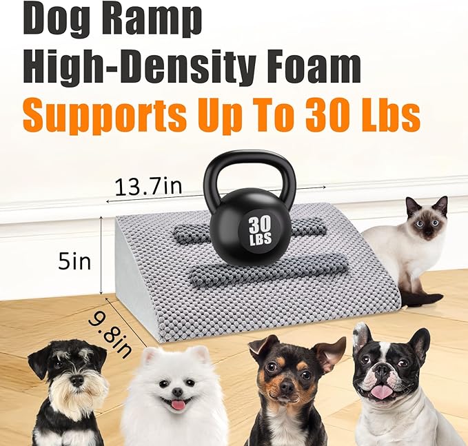 Dog Ramp for Stairs with Anti-Slip Bump for Small & Senior Dogs and Cats – Stair Wedges for Dogs with Gentle Slope, Pet Ramp with Washable Cover & Self-Sticky Pads for Safe Climbing (Gray, 2 Pack)