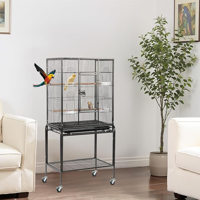 Outvita Bird Cage, 53" Large Metal Flight Bird Cage with Rolling Stand & Storage Shelf for Parrots Lovebird Cockatiel Parakeets Pigeon(Black)