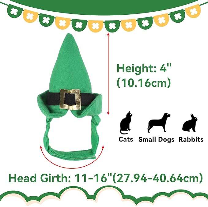 PETLESO St. Patrick's Day Pet Green Hat, Cat Irish Leprechaun Costume Adjustable Cap for Small Dogs, Cats & Rabbits, Parades & Photo Shoots Headwear, Small