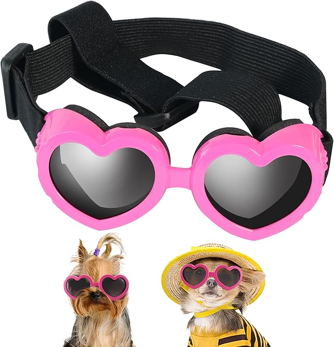 Small Breed Dog Sunglasses, UV Protection with Adjustable Strap, Heart-Shaped Goggles for Waterproof, Windproof, Anti-Fog Eye Protection, Beach Accessories (Pink)
