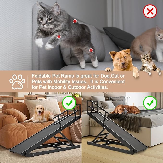SLSY Dog Ramp for Bed & Couch, Folding Adjustable Pet Ramp with Non-Slip Rubber Mat, 55" Long, 5 Height Settings (15.7"–27.5"), Portable Wooden Dog Ramp Supports up to 220 lbs