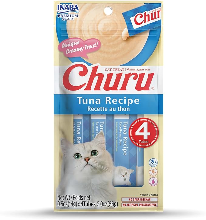 INABA Churu Cat Treats, Creamy Lickable Purée Cat Treat with Vitamin E, 0.5 Ounces Each Tube, 4 Tubes, Tuna Recipe