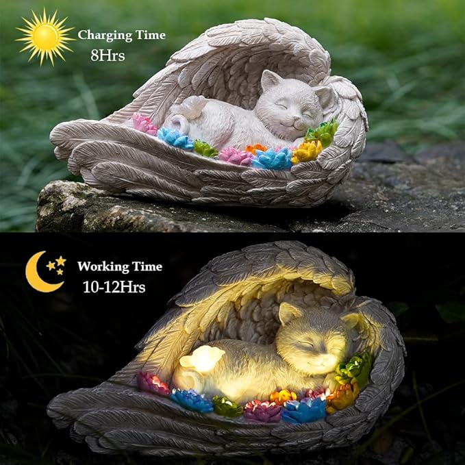 Cat Memorial Stone,Solar Angel Cat Statue Figurine - Pet Memorial Stone for Garden or Tombstone Commemoration (cat)