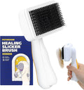 PETHROOM Pet Healing Slicker Brush with One-Touch Clean Button | Gentle Grooming Brush for Dogs & Cats | Removes Shedding, Mats & Tangles with Coated Tips, White & Yellow