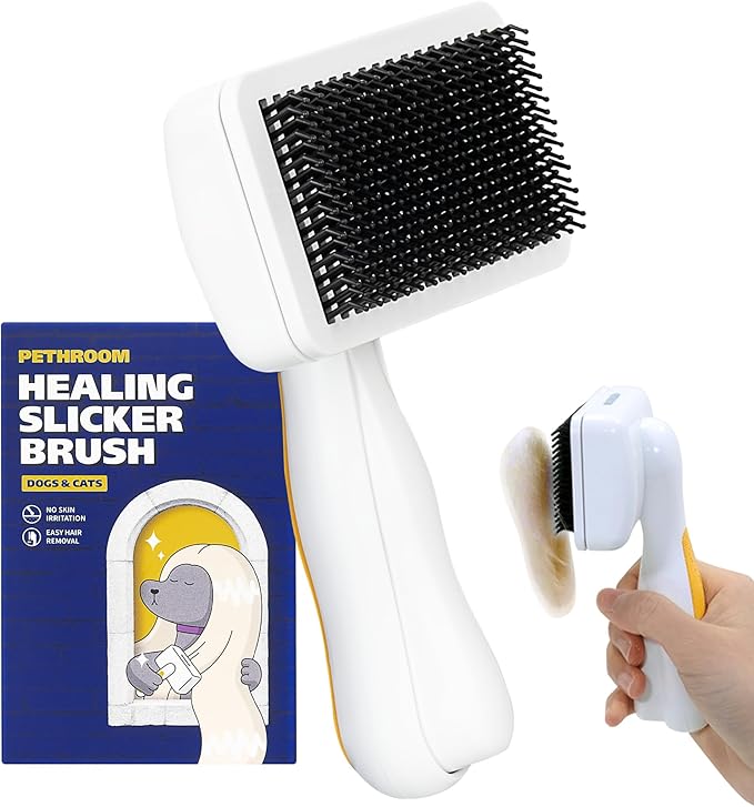 PETHROOM Pet Healing Slicker Brush with One-Touch Clean Button | Gentle Grooming Brush for Dogs & Cats | Removes Shedding, Mats & Tangles with Coated Tips, White & Yellow