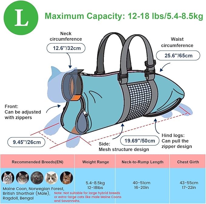 Cinf Cat Nail Clipping Cleaning Grooming Restraint Bag No Scratching Biting for Nail Trimming Injecting Examining(Blue,L)