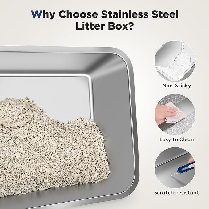 FURTIME XXXL Extra Large Stainless Steel Litter Box with Lid, Large Enclosed Cat Litter Box for Big Cats, Metal Cat Box with High Sided Enclosure & Scoop, Silver