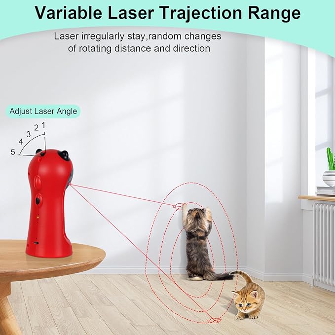 TBTeek Cat Toy, Automatic, Motion-Activated, Rechargeable, 5 Fun Patterns, Random Rotating Trajectory, 4 Speed Modes, Adjustable Light Angles for Indoor Cat Kitten Dog（Red）