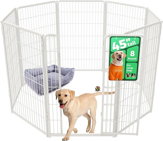 FXW Homeplus Unleashed Indoor Dog Playpen - Stress-Free and Safe Play, Heavy Duty 45 Inch 8 Panels Dog Pen for Large Dogs, White│Patented