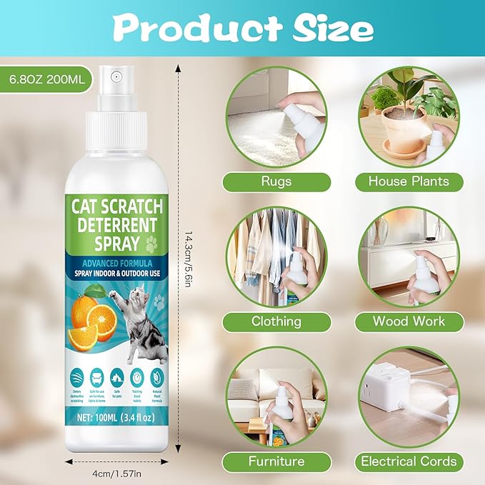 Natural Non-Toxic Cat Repellent Spray, Indoor & Outdoor Pet Training Cat Anti-Scratch Spray for Furniture, Carpet, Sofas, Curtain Protection, No Trace Formula (200 ML)