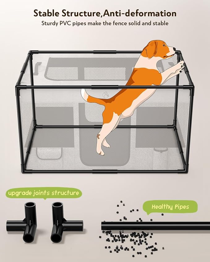 Dog Playpen,Fabric Fence, Portable Soft Cat Kennel Crate,Breathable Exercise Puppy Pen,PVC Pipe Frame,Indoor Outdoor Cage for Medium Animals Under 50 Ibs with Carrying Case(Grey L)