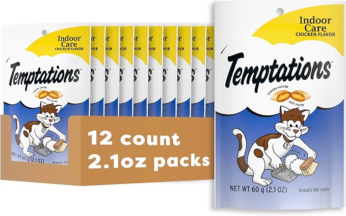 Temptations Cat Treats Indoor Care, Classic Crunchy and Soft Cat Treats, Tasty Chicken Flavor, 2.1 oz. Pouch (Pack of 12)