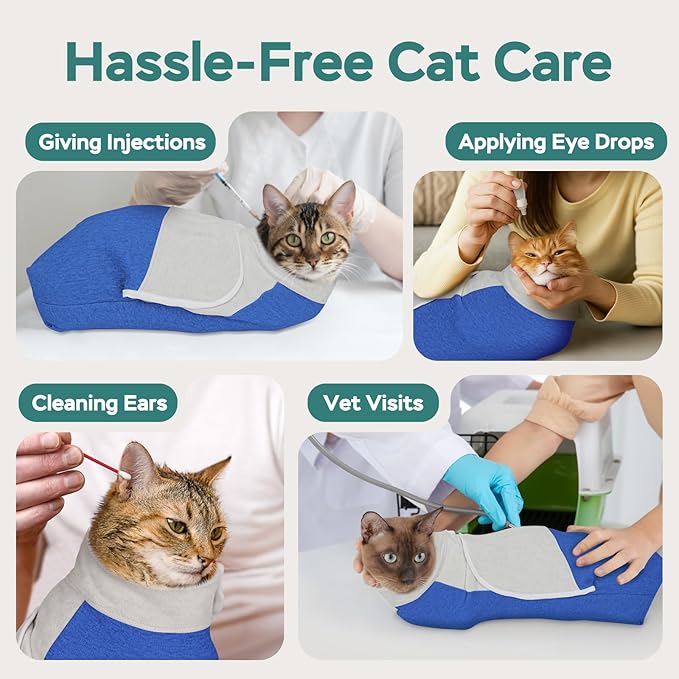 Self-Adhesive Cat Grooming Wrap, Cozy Cat Wrap for Cutting Nails, Breathable Anti-Scratch Cats Swaddle Bag for Brushing, Ear Cleaning, Dental Care, Medication, Injections,Blue S