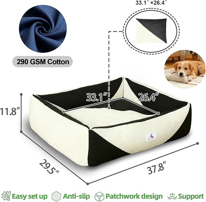 Washable Rectangle Dog Bed with Removable Cover, Color-Block Gingham Cotton Large Dog Sofa, Durable Breathable Scratch Resistant Pet Bed, Large