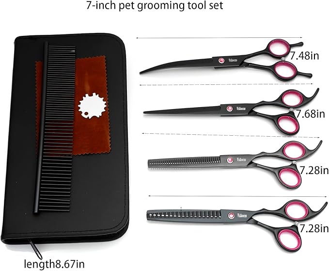 Professional Dog Grooming Scissors 4-Piece Set - Straight, Thinning, Curved Shears for Pets with Non-Slip Handles, Sharp Convex Blades & Travel Case (Black)