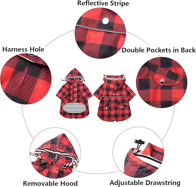 Dog rain Coat Waterproof Raincoat Puppy Jacket with Legs Buttons Zipper Hood Drawstring Fit for Yorkie Terrier Schnauzer Poodle Border Collie Labrador Golden Retriever 8lbs to 80lbs Red L