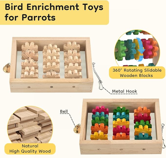 2Pcs Bird Toys for Parrots, Hanging Parrot Chew Toy, Natural Wooden Chewing Puzzle Training Blocks Intellectual Development for Parakeets Cokatiels Cockatoo African Grey Amazon Macaw