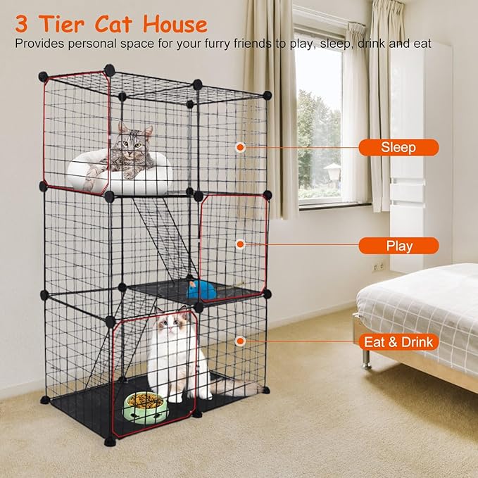 Large 3-Tier Cat Cage, Indoor Cat Enclosures Pliable DIY Cat Playpen, Detachable Metal Wire Kennels Cat Crate Box House with 3 Doors 2 Ramp Ladders for 1-2 Cats, 28.2"L x 14.0"W x 42.1"H,Black