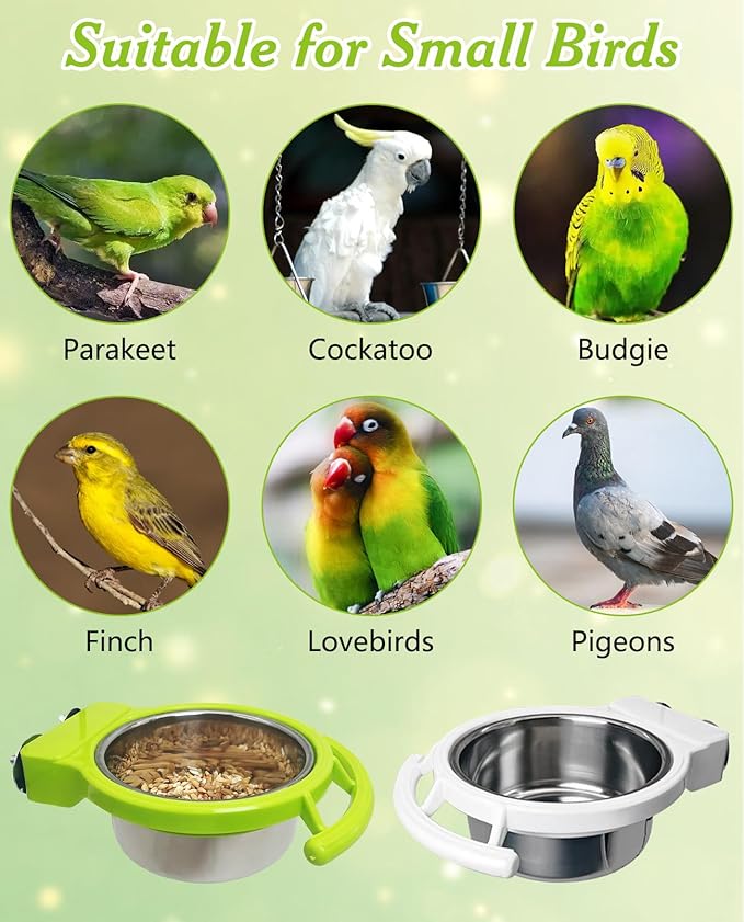 BNOSDM Hanging Stainless Steel Bird Bowls 4 PCS Bird Feeding Dish Cups with Perch Stand Parrot Food Container Food and Water Bowls with Spoon for Budgie Cockatoo Finch Lovebirds Pigeons (White)