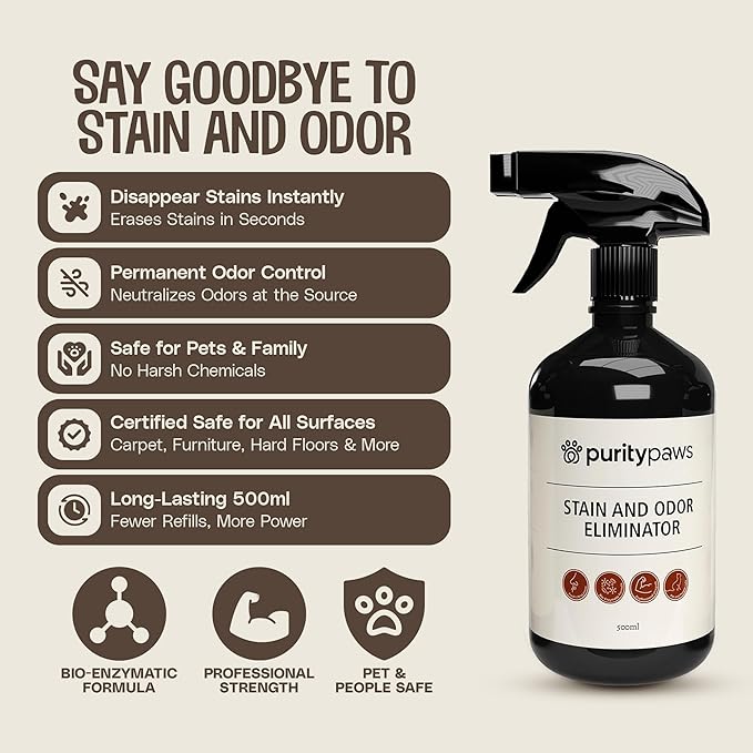 Pet Stain & Odour Remover – Fast-Acting Enzyme Cleaner for Dog & Cat Urine, Feces & Vomit – Pet Safe Odor Eliminator for Carpet, Upholstery, Car, Bedding, Tiles – Puppy Essentials – 500ml