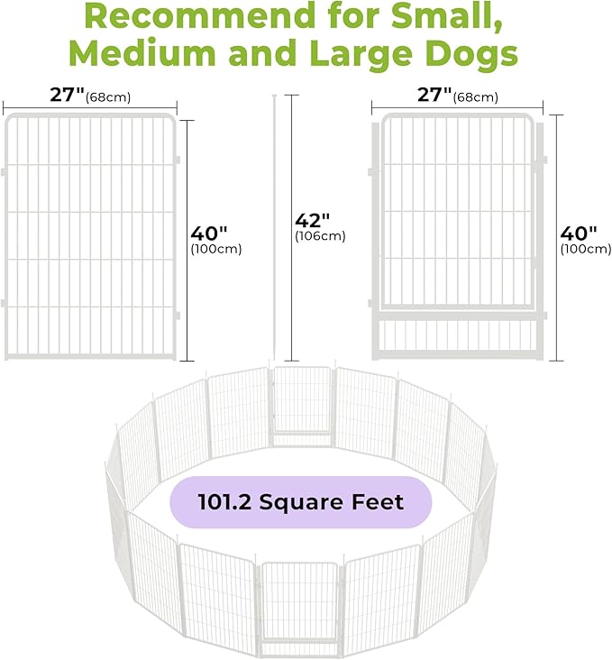 SunsGrove Dog Play Pen Indoors, 40 Inch 16 Panels Dog Playpen for Medium and Large Dogs, Easy Setup Anti-Rust Pet Fence, White