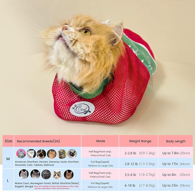 Cinf Cat Bathing Bag(Free Muzzle) Breathable Mesh Anti Scratch Adjustable Cat Grooming Bag for Nail Trimming, Bathing Soft Cat Washing Bag(XMS) L