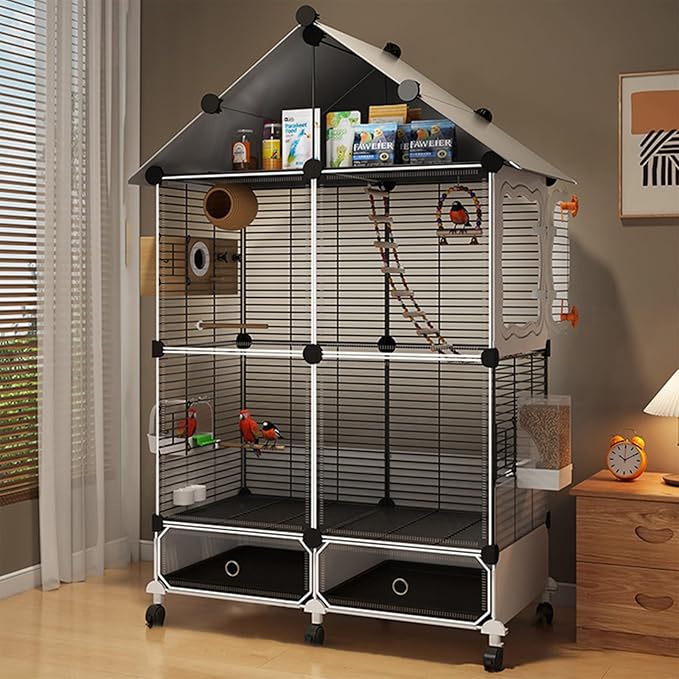 Large Parrot Cage with Acrylic Doors, 4 Casters, Perch & Feeder, Detachable Drawer, Ideal for Cockatiels, Budgies, Conures, Indoor/Outdoor Use – Spacious White Birdcage (Black, 72 * 36 * 135)