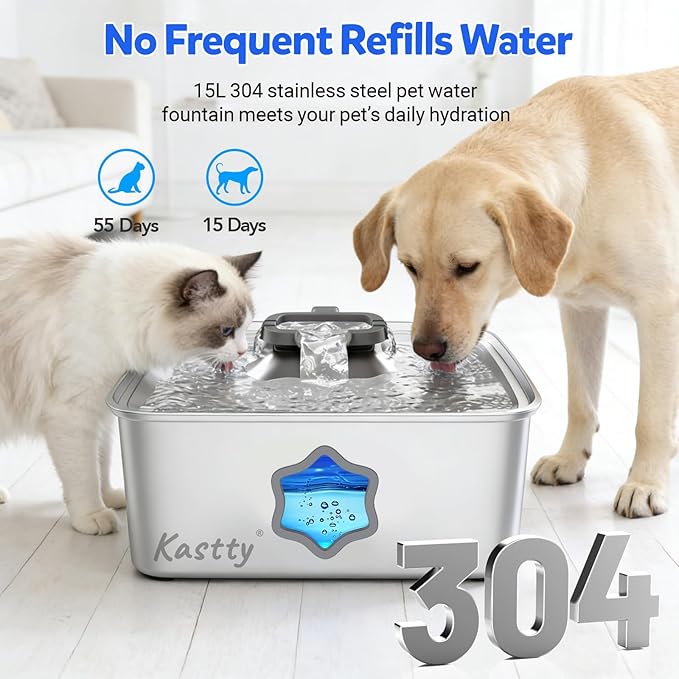 Kastty 15L/4Gal Dog Water Fountain, Stainless Steel Pet Water Bowl Dispenser with Visual Window, Automatic Dual-Color LED, 5-Stage Filtration, Ultra Quiet, for Large Medium Dogs & Multi-pet, FS81