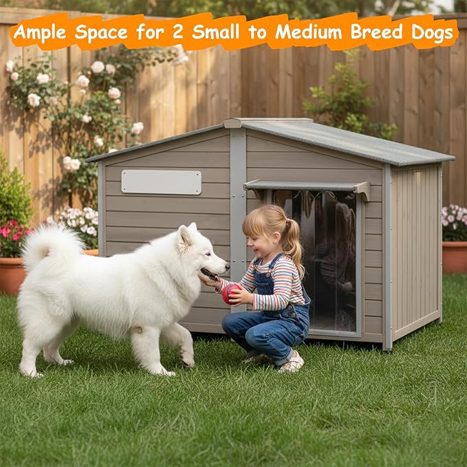 55"L Dog House Outdoor for Large Breed, XL Extra Dog House with Window Weatherproof Pet Shelter with Openable Asphalt Roof, Anti-Chewing Frame, Removable Floor,10 Support Feet for Medium to Large Dogs