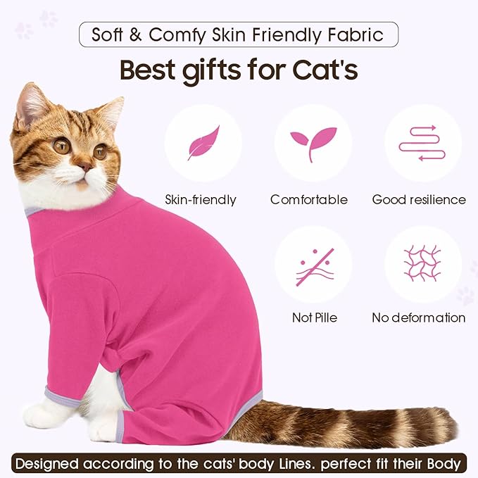 DENTRUN Cat Clothes for Hair Control with Hair Sticky Fabric - Soft Recovery Suit & Breathable Lint-Resistant Cat Sweater for Cats Only, Kitten Onesie Pajamas, XS, Bright Pink