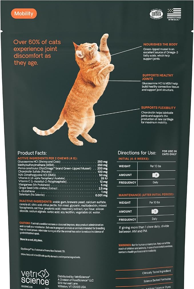 VetriScience Ultimate Strength Healthy Hip & Joint Chews, GlycoFlex Glucosamine, Chondroitin and Green-Lipped Mussel Joint Supplement for Cats, Soothe Joint Discomfort, Fish, 30 Count
