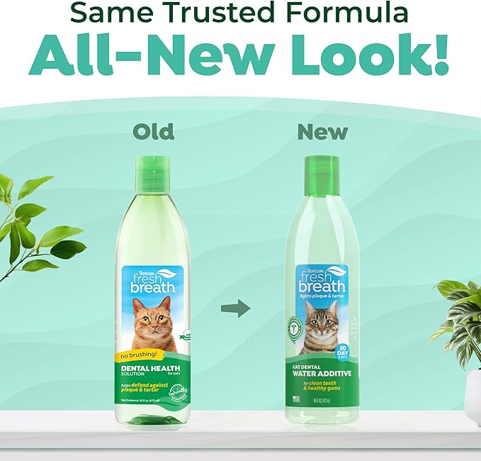 TropiClean Fresh Breath Water Additive for Cats, Cat Teeth Cleaning and Breath Freshener Solution, Complete No Brushing Dental Care, 16 oz.