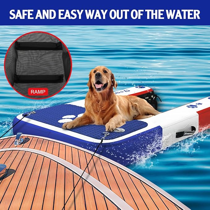 FBSPORT Inflatable Dog Boat Ramp Floating Dock Water Ladder for Pool, Boat, Non-Slip EVA Floating Ladder Pool Ramp for Dog Up to 220 LBs, Safe & Easy Access
