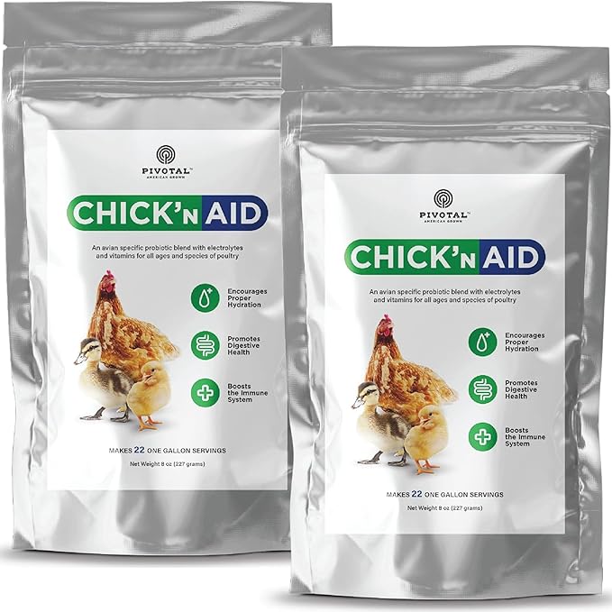 Pivotal Chick’n Aid Chicken Supplement for All Ages (8 oz, Pack of 2) - Chicken Vitamins, Electrolytes, and Probiotics - Multipurpose Poultry Vitamins for Chickens, Ducks, and Turkeys