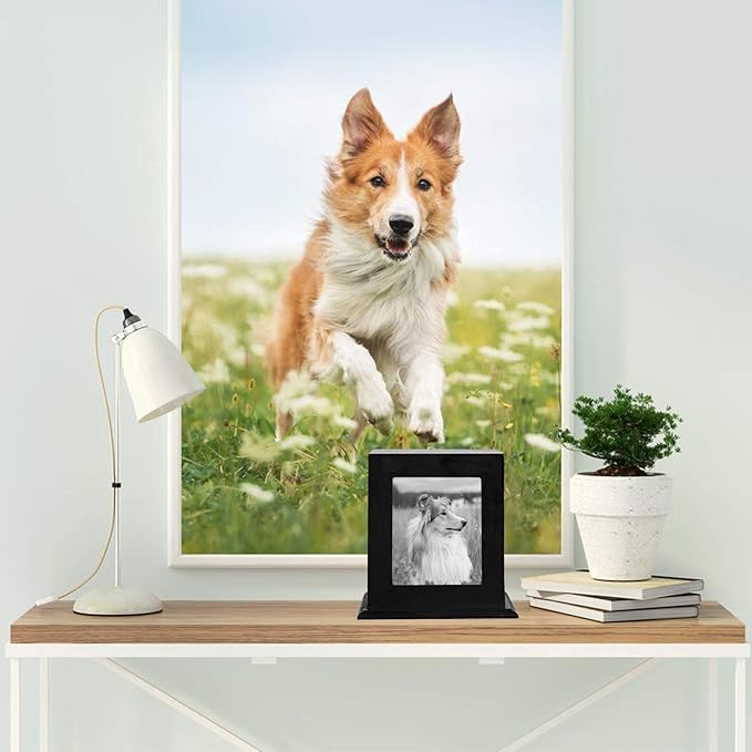 Pet Wood Memorial Urn for Ashes,Photo Frame Keepsake Box for Cats Dogs,Funerary Caskets Supplies Burly Wood Cremation Urns with Acrylic Glass Photo Protector for Pet Lovers