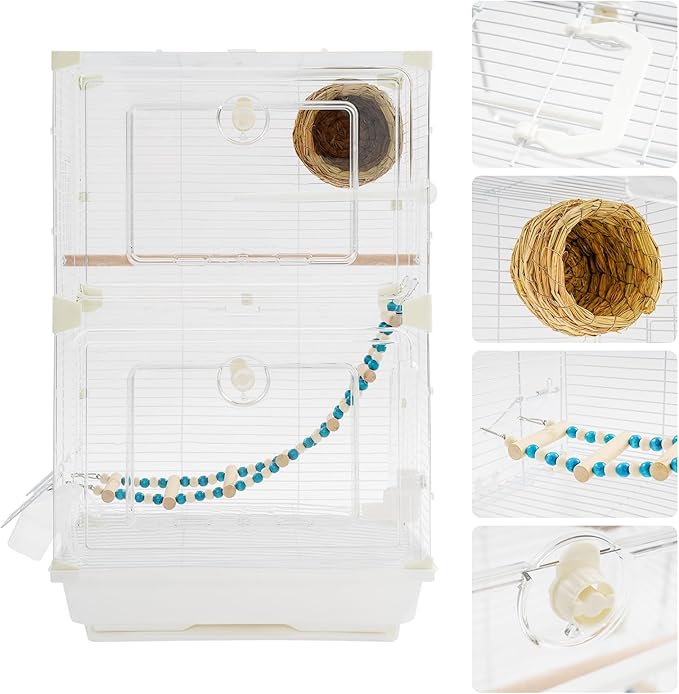 Two-Tier Bird Cage, 30 Inch Pigeons Parrot Birdcage with Safe Rotary Door Lock, White Parakeet Cage for Small to Medium Birds, Easy Access Double Doors. (E)