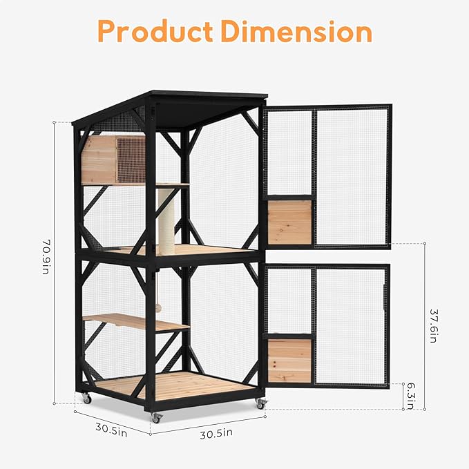 Large Cat House 4 Tiers Outdoor Catio with Removable Platforms Catio Outdoor Enclosure Window Access with Weatherproof Asphalt Roof Indoor Catio with Wheels